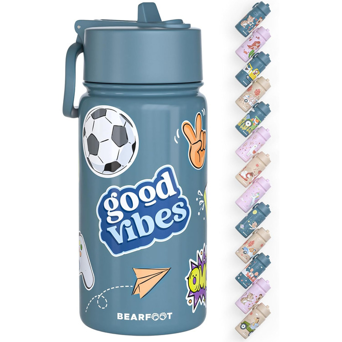 Дитяча термопляшка Bearfoot з нержавіючої сталі з трубочкою, 400 мл, без BPA, не протікає, для малюків, дівчаток та хлопчиків, ідеально для школи та садочка (Блакитна з наліпкою)
