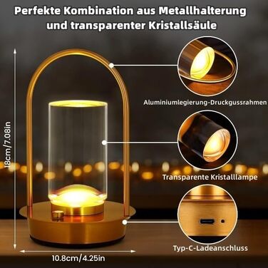 Світлодіодна настільна лампа з димером, акумуляторна, сенсорна, 3 режими світла, золота. Портативна кришталева лампа для дому та вулиці з USB-C