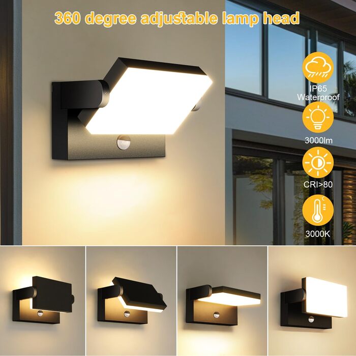 Зовнішня LED-стінна лампа Kingwen 40W, 3000K, поворотна на 360°, IP65, чорна. Підходить для вулиці та приміщення, для гаража, тераси. Тепле біле світло.