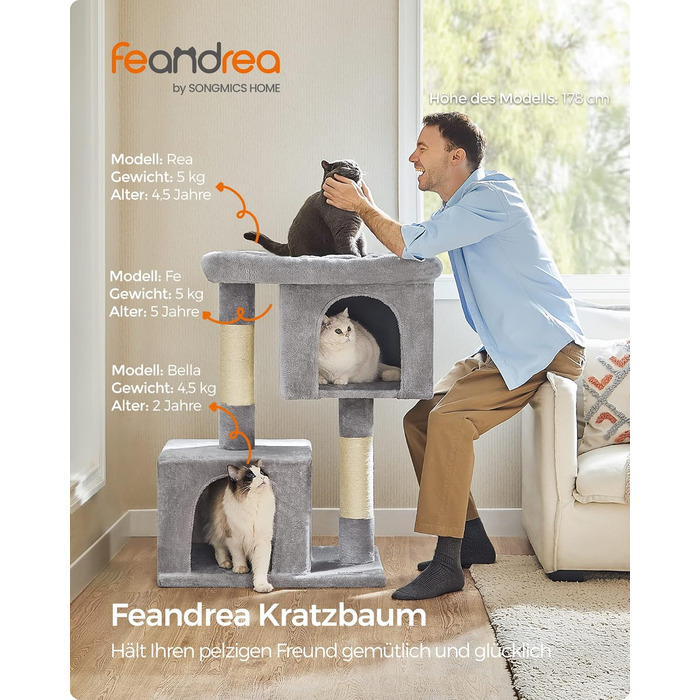 Feandrea Cat Tree, 84 cm Cat Tree, L, Cat House for Large Cats up to 7 kg, Large Platform, 2 Cat Caves, Sisal Posts, PCT61W (XL (68 x 48 x 101 cm), Light Grey)
