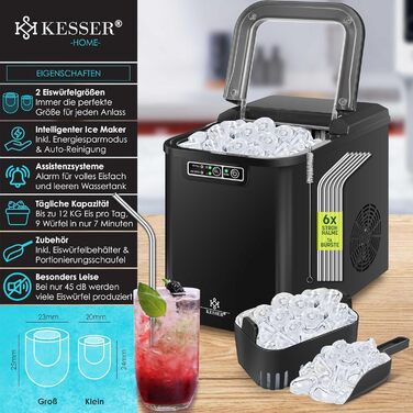 Машина для приготування льоду KESSER® з нержавіючої сталі | 12 кг льоду за 24 години | Швидке приготування (7 хв) | 2.2 л резервуар | 2 розміри кубиків льоду | LED-дисплей | Самоочищення | Чорний