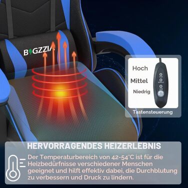 Ігрове крісло Bigzzia Gaming Stuhl з підігрівом, регульована спинка 90-135°, ергономічний геймерський стілець (Синій)