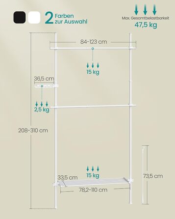 SONGMICS Телескопічна штанга для одягу, 3-рівнева гардеробна, регульована по висоті та ширині, відкритий шафа для одягу з 2 штангами та знімною полицею, кріплення для одягу, матовий білий, HSR136W01, 1 ряд