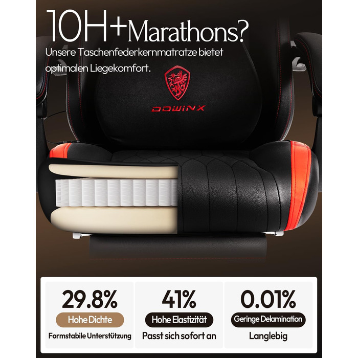 Ігровий крісло Dowinx з масажем, ергономічний дизайн, підтримка попереку та шиї, до 135 кг, шкіра, для дорослих (червоний)