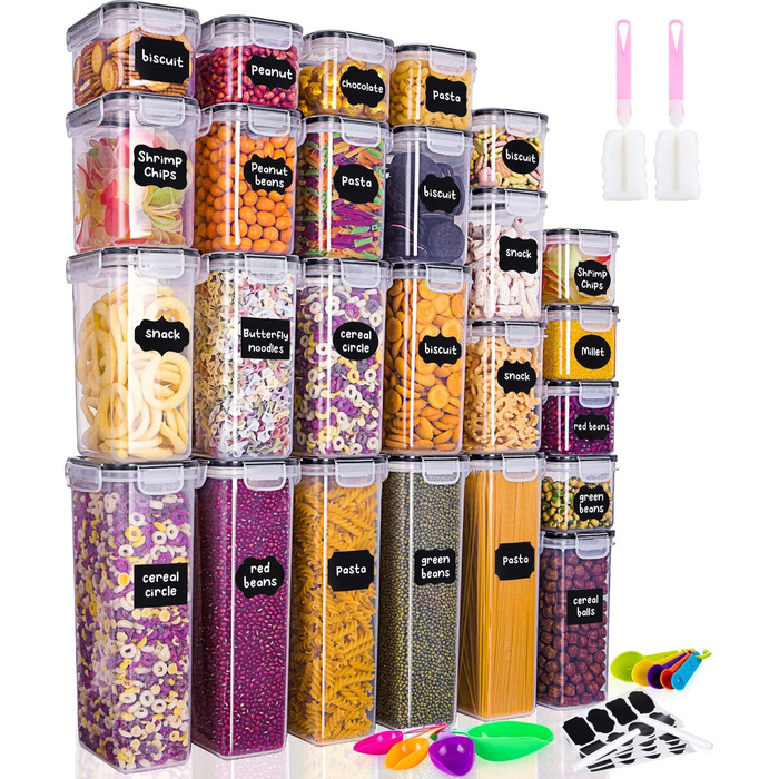 Набір контейнерів для зберігання продуктів 25 елементів (9x0.8L + 6x1.4L + 5x2L + 5x2.8L), герметичні, з кришкою, для кухні, органайзер, пластик, для спагеті, борошна, мюслі, кукурудзяних пластівців
