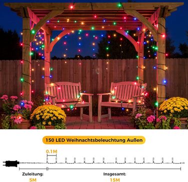 LED гірлянда для прикраси ялинки та декору на балкон/сад: 5м, 150 LED, тепле біле світло, 8 режимів, таймер, пульт, для внутрішнього та зовнішнього використання