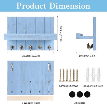 Дерев'яне ключниця з поличкою, 5 гачків, для прихожої, спальні, вітальні (Блакитний)