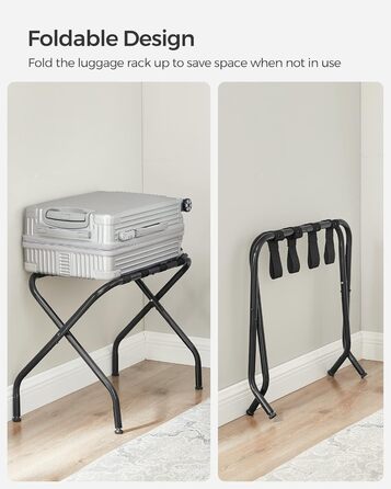 SONGMICS Luggage Rack for Guest Rooms, Suitcase Stand, Folding Steel Frame, for Hotel, Bedroom, Up to 50 kg, 27.2 x 15 x 20.5 inches, Black URLR001B01V1