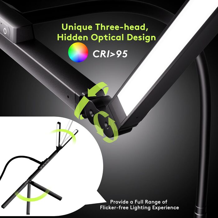 Настільна лампа для робочого столу з 3 джерелами світла, 24W, 100см, денне світло, з пультом дистанційного керування, регульована яскравість, лампа для монітора, модель «Лебідь», матовий чорний колір