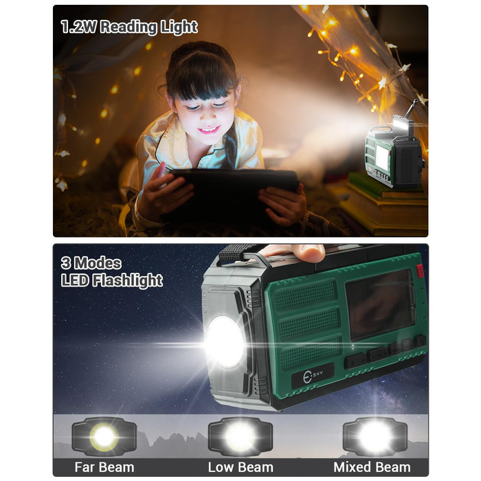 Радіо Kurbelradio з сонячною панеллю Esky, 10000mAh, AM/FM, SOS-сигнал, компас, LED-ліхтарик, живлення для смартфона, для надзвичайних ситуацій та кемпінгу, зелене