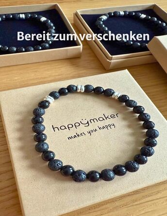 Браслет чоловічий Happymaker з чорного турмаліну, лавового каменю та срібла 925, еластичний, ручної роботи (Німеччина) 19 см