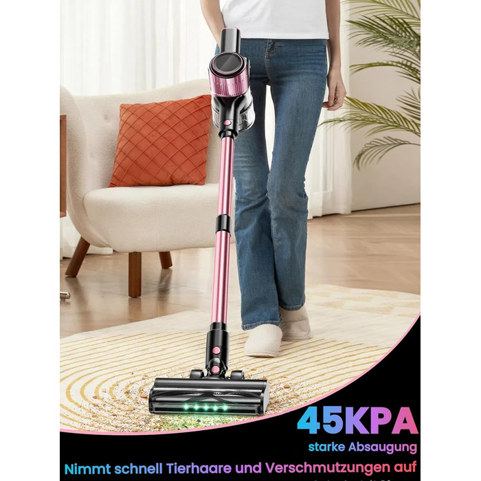 Бездротовий акумуляторний пилосос SUXIANGVAC 45000Pa/500W з LED дисплеєм та антинамотувальною насадкою, 73см подовжуваний шланг для твердих поверхонь, килимів та шерсті тварин, Рожевий