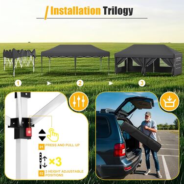 Devoko Gazebo, 2x2 Meter Waterproof, Stable, Winter-Proof Gazebo with 3 Height Adjustments, Foldable Gazebo with UV Protection 50+, Folding Tent, Gazebo with Carry Bag, For Garden, Outdoor, Camping, (3x6m, 6 Side Walls, Grey)