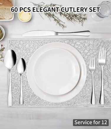 Xespis Cutlery Set 12 People, 60-Piece Stainless Steel Cutlery Set, with Steak Knives, Elegant Dinner Cutlery, High-Gloss Polished and Dishwasher Safe, with Knife Fork Spoon, for Home, Party, Restaurant