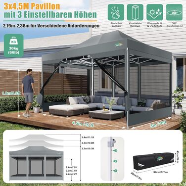 COBIZI Pavilion 3x3m Foldable, Waterproof & Winterproof – Stable Garden Tent with 23mm Steel Pipe, UV50+ and Mosquito Nets for Camping/Parties + Carry Bag (Gray, 3mx4.5m)