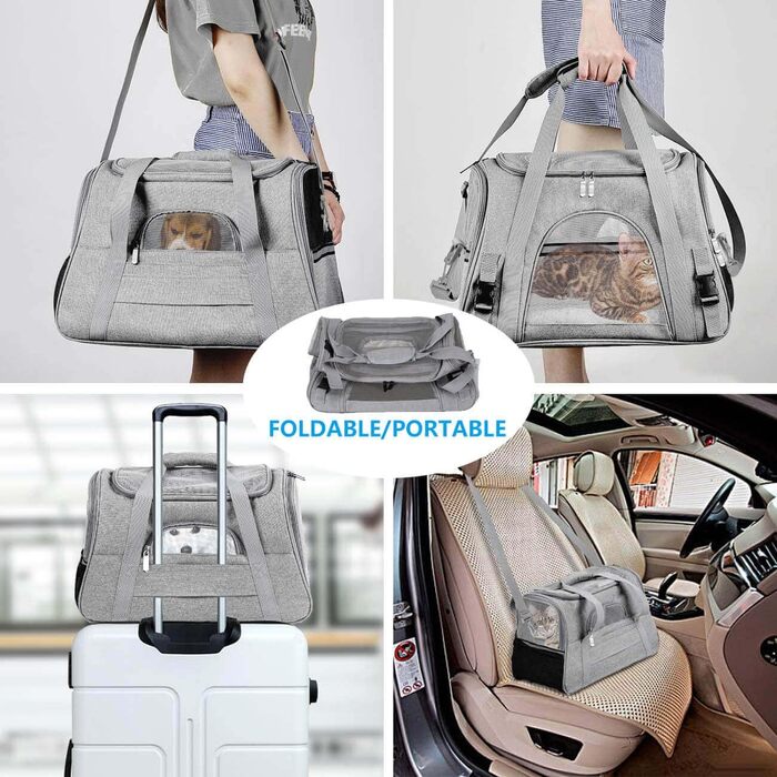 Транспортна переноска для собак та котів, складна, з регульованою ручкою та знімною плюшевою підстилкою (сіро-червона)