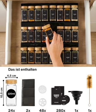 Органайзер для спецій Deco haus® з 24 скляними баночками та етикетками, бамбукова кришка, чорний - полиця для спецій у шухляду