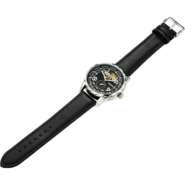 TIME100 Автоматичний годинник для чоловіків: водонепроникний, зі світлодіодами, серія Pilot, Angel Wing, бізнес-стиль, механічний годинник з шкіряним/силіконовим ремінцем, скелетний дизайн (чорний/сріблястий)