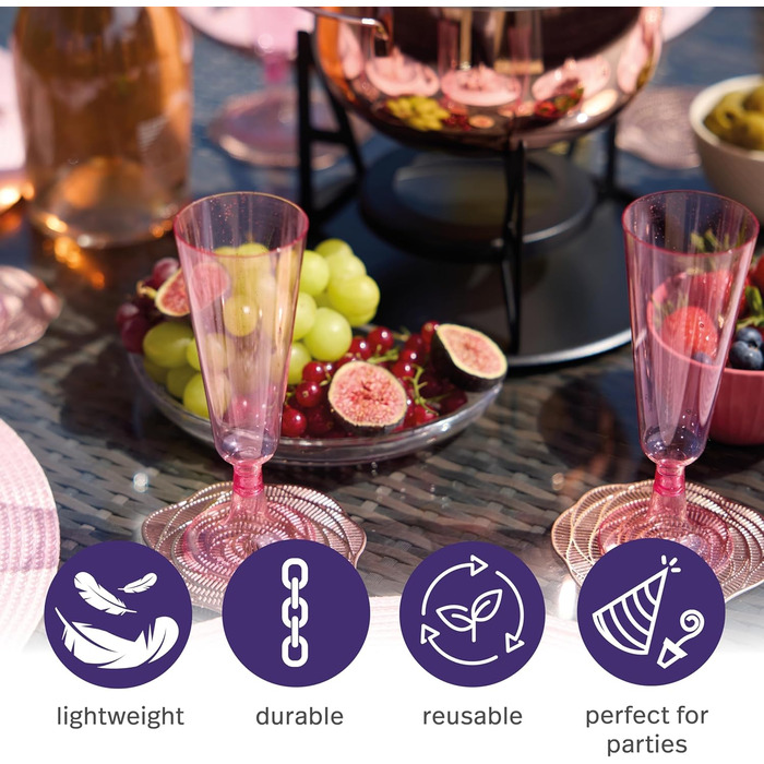 50 пластикових келихів для шампанського MATANA Premium 150 мл - багаторазові келихи для коктейлів, десерту, вина (рожевий глітер, 100 шт.)
