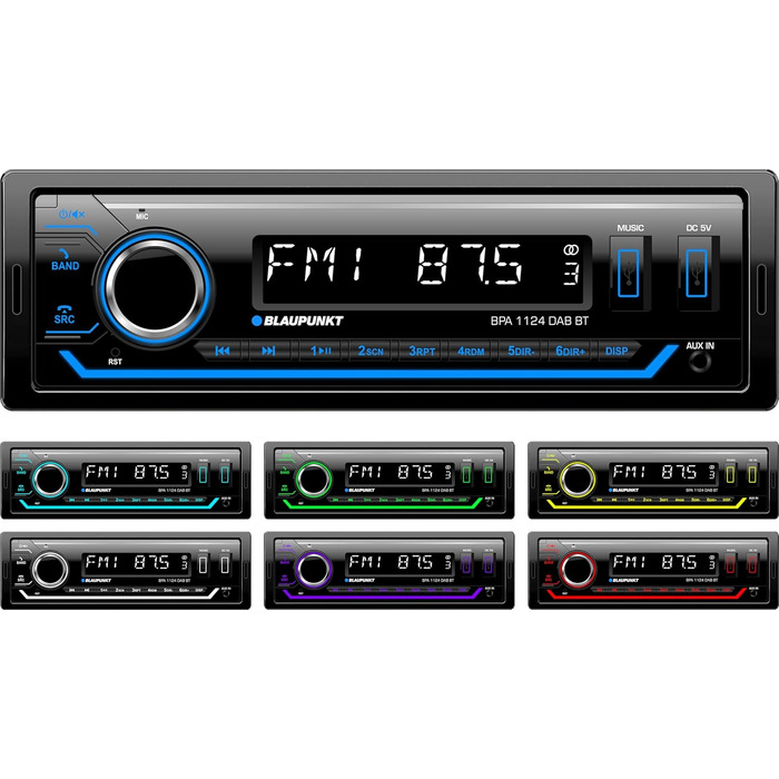 Автомагнітола Blaupunkt BPA 1124 DAB+ Bluetooth, 1-DIN, 200 Вт, 2xUSB, Aux, мультиколір, гучний зв'язок