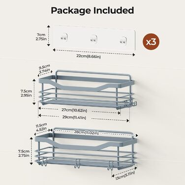 Набір душових корзинок Orimade з 5 гачками, 3 шт. (чорний, сірий) - без свердління, нержавіюча сталь SUS304