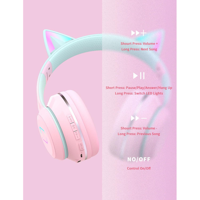 Бездротові навушники Bluetooth для дітей з LED-підсвіткою, котячими вушками та мікрофоном, HD стерео звук, складні, регульоване наголов'я, для дівчаток, PC/Tablet/Навчання/Школа (рожеві)