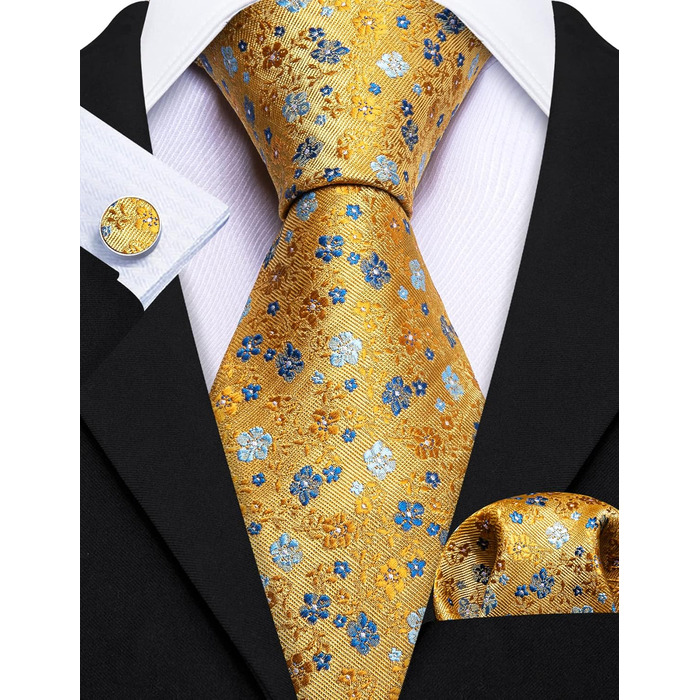 Набір краваток Barry.Wang для чоловіків: 4 шт. (краватка, кишеньковий хустинка, краваткові затискачі, затискач), класичний сатин, жовтий квітковий принт, для весілля та офіційних заходів