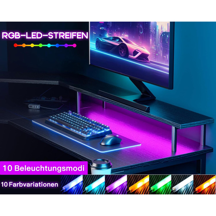 Ігровий стіл ODK з LED-підсвіткою, 2 розетками та 2 USB, кутовий комп'ютерний стіл з великою полицею для монітора, чорний