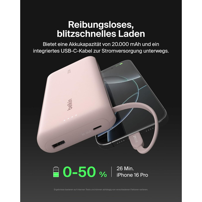 Повербанк Belkin Portable Powerbank 20000 mAh з вбудованим кабелем USB-C, швидка зарядка PD 30W для iPhone 16, iPad Pro, Samsung Galaxy S25, рожевий