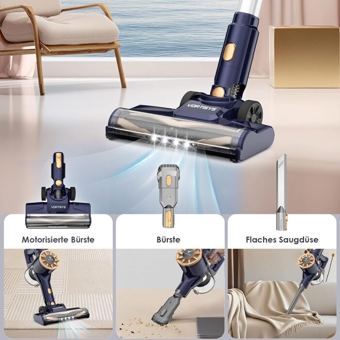 Бездротовий акумуляторний пилосос Vortisys - ручний, 350W, 45KPa, 55 хв роботи, 5-в-1 фільтрація, щітка проти ковтунів, для твердих поверхонь, килимів, шерсті тварин, темно-синій