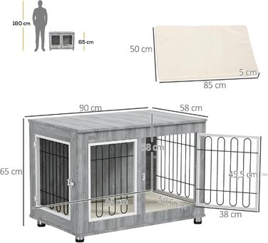 Клітка для собак PawHut 90x58x65 см, сіра, з подушкою та двома дверцятами, для собак до 25 кг