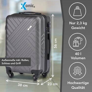 Чемодан Xonic Design: ABS-корпус, 360° колеса, замок, M-L-XL, сірий