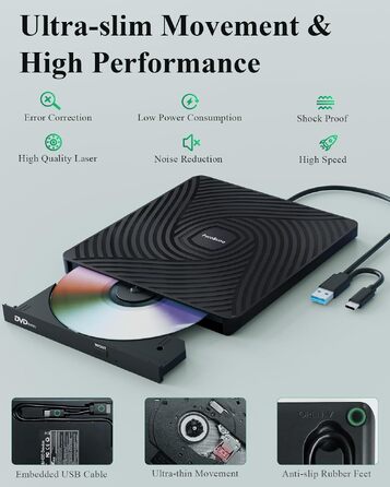 Зовнішній DVD-накопичувач PeroBuno USB 3.0 Type-C, CD ROM +/-RW оптичний привід, ультратонкий DVD-записувач та плеєр для ноутбука, PC, MacBook (Windows, Linux, macOS)