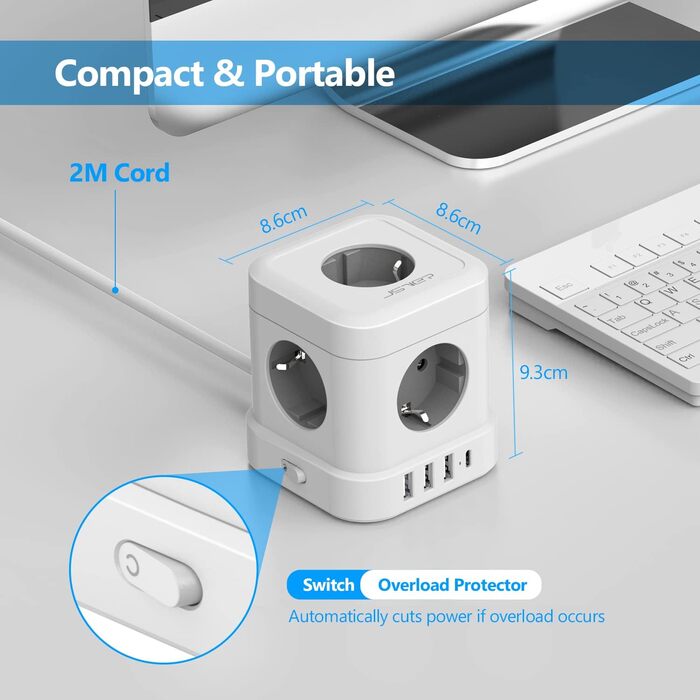 Сетевой фильтр JSVER Cube 5-портовый с USB, кубический сетевой фильтр (3680W 16A) с 4 USB-зарядками (17W), для столу, офиса, дома или в поездку, 2м кабель, белый