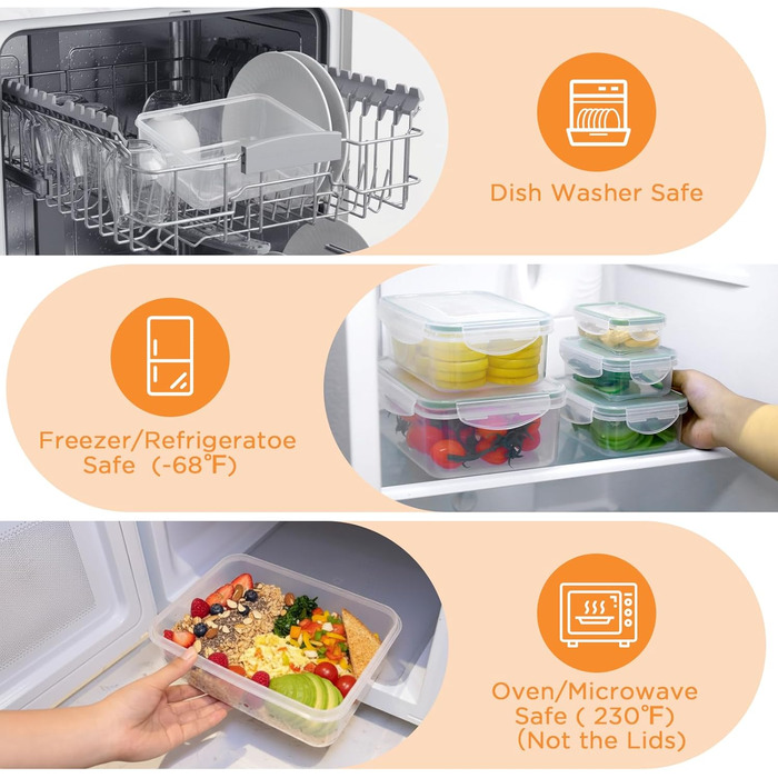 Набір контейнерів для зберігання їжі AiQInu 5 шт. з кришкою, BPA-Free, PP (1.5L+1L+0.5L+0.24L+0.12L), прозорі, для холодильника та мікрохвильової печі