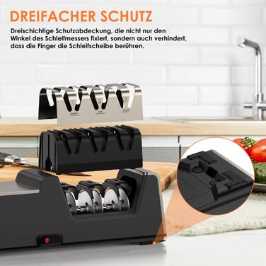 Professional electric knife sharpener with 100% diamond abrasive and precision angle guides. Suitable for double-bevel and serrated knives. Quickly achieves razor-sharp results.