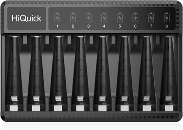 Зарядний пристрій HiQuick для акумуляторів AA AAA, 8 слотів з LED-дисплеєм, сумісний з NI-MH та NI-CD акумуляторами (без акумуляторів)
