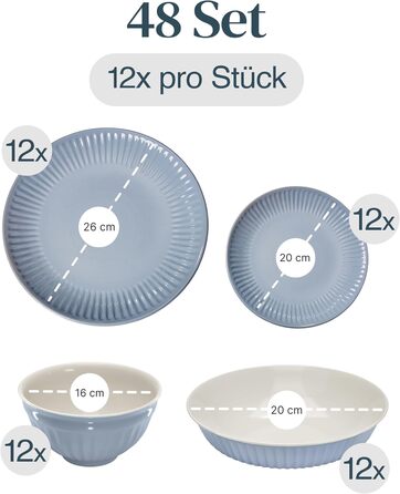 Набір посуду Steingut Hygge 48 предметів (12 осіб), сіро-блакитний колір, преміум якість
