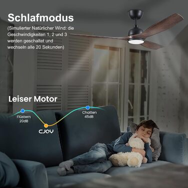 Стеляний вентилятор CJOY з підсвічуванням, 107 см, з пультом керування, тихий, DC, реверсивний, пам'ять 3CCT, диммування, 6 швидкостей, таймер для спальні (132 см - чорне дерево)