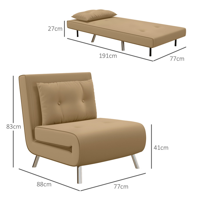 HOMCOM Sleeper Chair Folding Chair with Bed Function 77x88x83cm, Single Sofa with Cushion, Velvet Upholstered Sofa in Brown for Guests