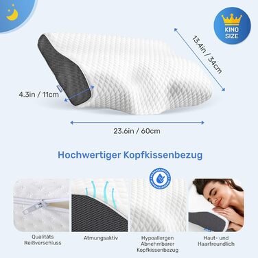 Подушка для шиї Derila, подушка для голови, Memory Foam, оригінальна. Ергономічна подушка, подушка для підтримки шиї, подушка для тих, хто спить на боці, спині та животі (King, 1 шт). Подушка Kingsize 60 x 34 см