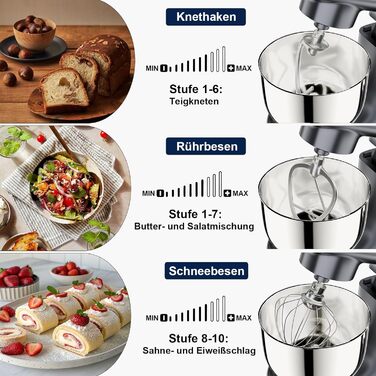 Кухонна машина Camic з LED-дисплеєм, 10 швидкостей, 3 насадками (діядовий, міксер, вінчик) та 2 чашами з нержавіючої сталі 4Л та 5Л для тіста, хліба та тортів, сіра