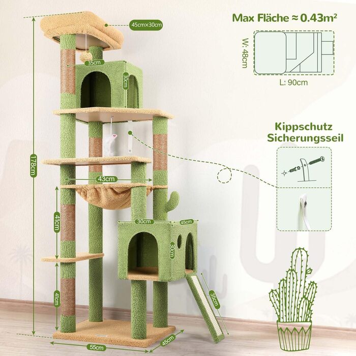 Драбина-кіготь Globlazer Kaktus (178 см) для котів: велика, з гамаком, будиночком, платформами, рампою з сизалю, стабільна для 2-4 котів (F70 Pro, зелена) XXL