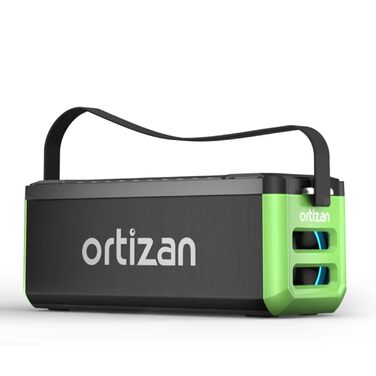 Ortizan Bluetooth колонка портативна 80 Вт, IPX7 водонепроникна, LED підсвітка, 12 год. роботи, Powerbank, стерео-з'єднання, зелено-чорна
