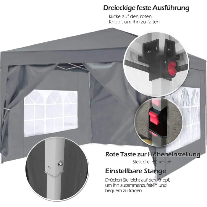ISE 3x3 Pavilion with Side Walls, Folding Pavilion Stable incl. Carrying Bag, Folding Pavilion 3x3m UV Protection 50+, Adjustable Party Tent for Garden, Grey