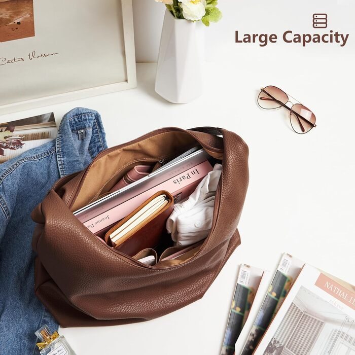 Сумка жіноча KALIDI Shopper з PU шкіри, велика сумка-тоут Hobo, темно-коричнева для роботи, навчання, повсякденного використання