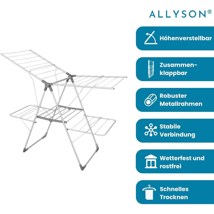Розкладна сушарка для білизни Allyson, двоярусна, регульована по висоті, складна, вологостійка, з нержавіючої сталі, 20 метрів сушильної поверхні для дому та вулиці