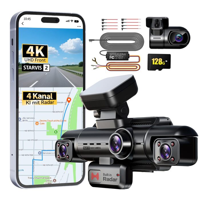 Автомобільний відеореєстратор 4K 360° з 4-канальною камерою та цілодобовим режимом паркування, N500, матово-чорний