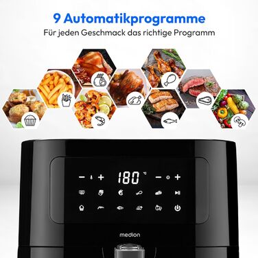 MEDION E40 XL Фритюрниця з гарячим повітрям (5.2 л, Airfryer, 2150 Вт, 9 автоматичних програм, функція випікання, без олії, сенсорне керування, LED дисплей, MD 11740) чорна