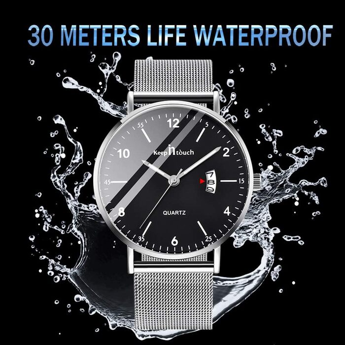 Годинник на зап'ясті Unendlich для чоловіків: ультратонкий, водонепроникний, кварцовий, з мінімалістичним цифровим дисплеєм, з цифровим календарем, для бізнесу та повсякденного носіння, корпус та браслет з нержавіючої сталі (чорний+сріблястий)